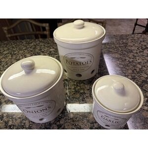 3 Vtg Chefs Fresh Valley Farm Company Stoneware Canisters Garlic Potatoes Onion
